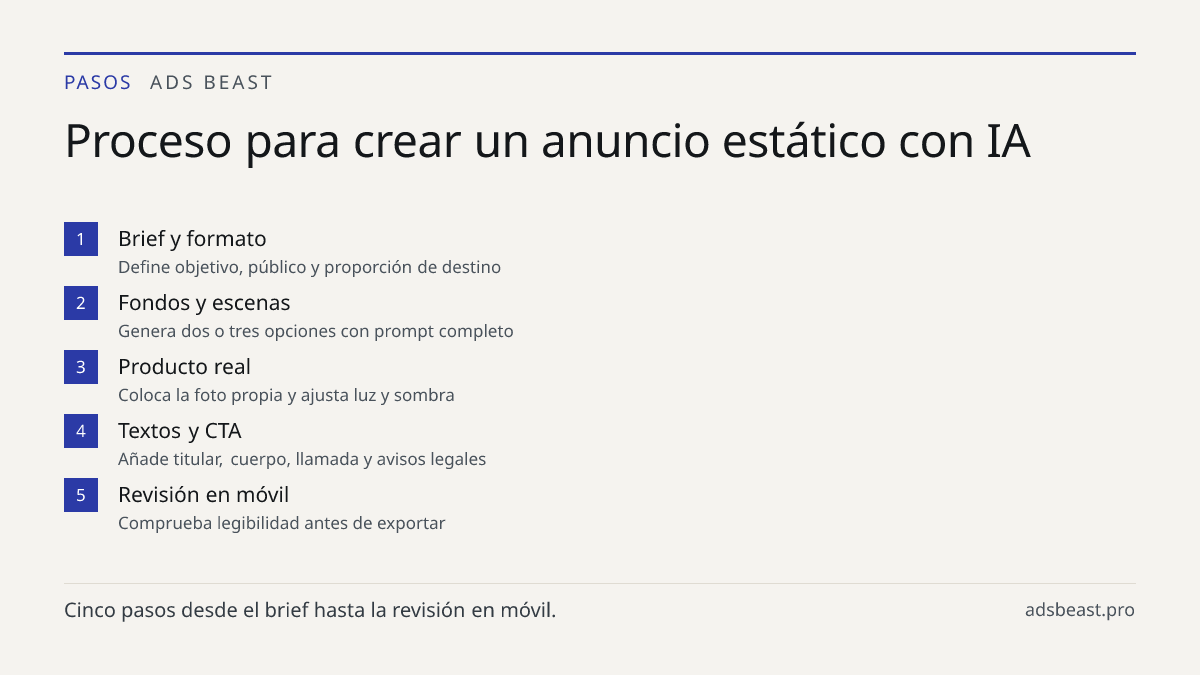 Proceso para crear un anuncio estático con IA. Brief y formato: Define objetivo, público y proporción de destino; Fondos y escenas: Genera dos o tres opciones con prompt completo; Producto real: Coloca la foto propia y ajusta luz y sombra; Textos y CTA: Añade titular, cuerpo, llamada y avisos legale