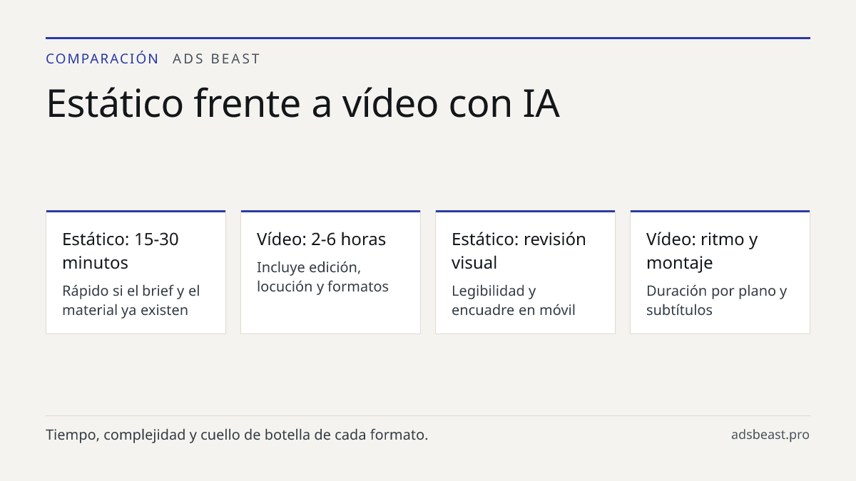 Estático frente a vídeo con IA. Estático: 15-30 minutos: Rápido si el brief y el material ya existen; Vídeo: 2-6 horas: Incluye edición, locución y formatos; Estático: revisión visual: Legibilidad y encuadre en móvil; Vídeo: ritmo y montaje: Duración por plano y subtítulos; Ambos: variaciones: Multi