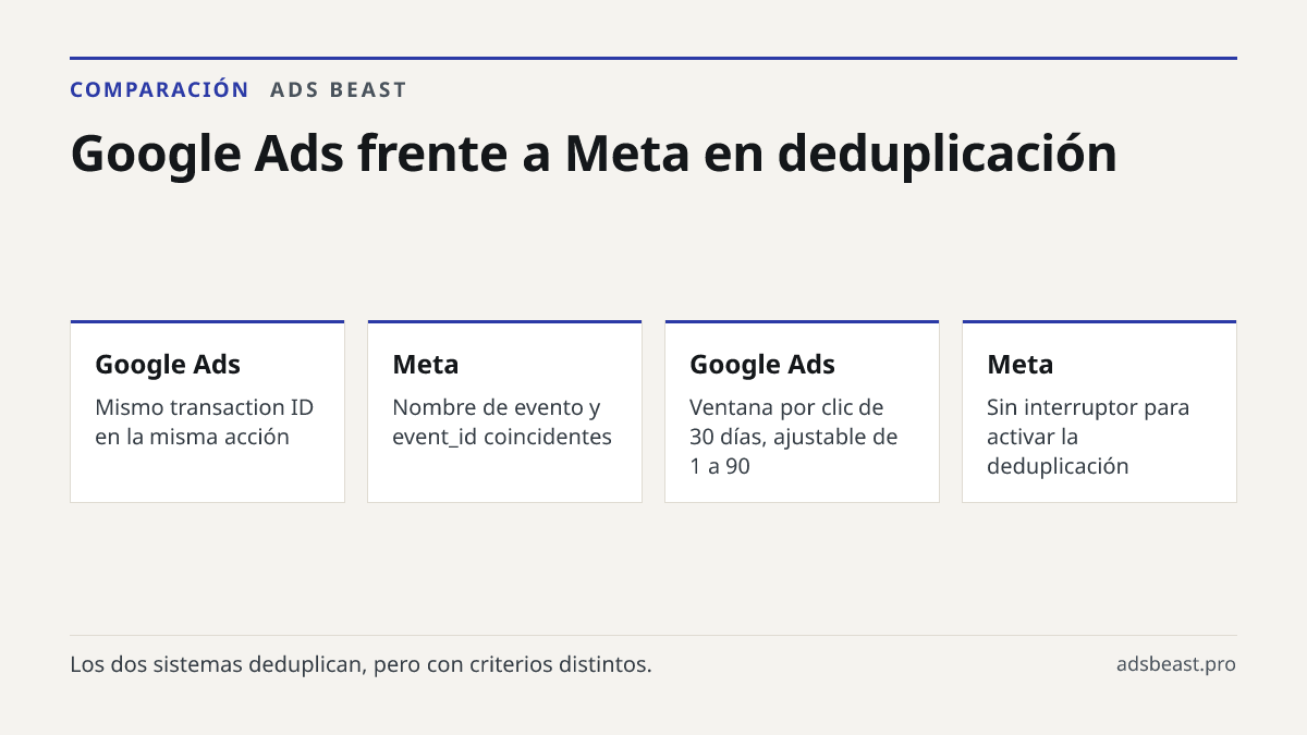 Google Ads frente a Meta en deduplicación. Google Ads: Mismo transaction ID en la misma acción; Meta: Nombre de evento y event_id coincidentes; Google Ads: Ventana por clic de 30 días, ajustable de 1 a 90; Meta: Sin interruptor para activar la deduplicación