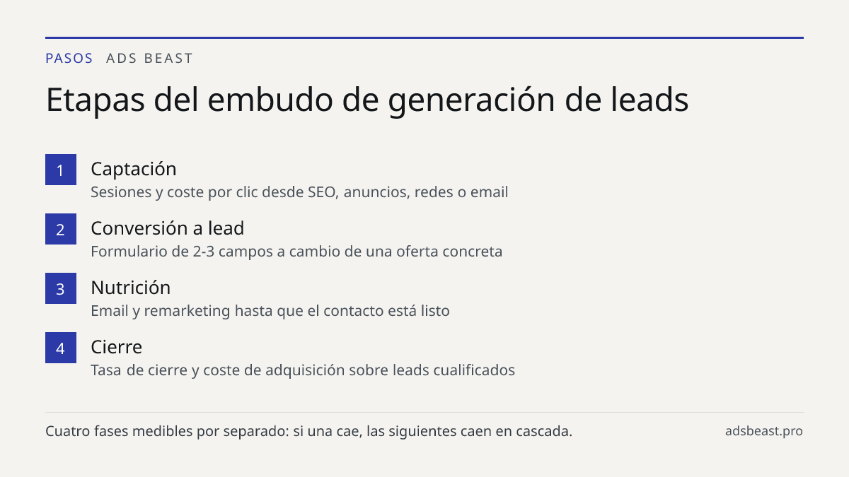 Etapas del embudo de generación de leads. Captación: Sesiones y coste por clic desde SEO, anuncios, redes o email; Conversión a lead: Formulario de 2-3 campos a cambio de una oferta concreta; Nutrición: Email y remarketing hasta que el contacto está listo; Cierre: Tasa de cierre y coste de adquisici