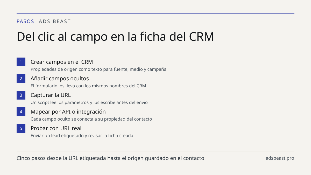 Del clic al campo en la ficha del CRM. Crear campos en el CRM: Propiedades de origen como texto para fuente, medio y campaña; Añadir campos ocultos: El formulario los lleva con los mismos nombres del CRM; Capturar la URL: Un script lee los parámetros y los escribe antes del envío; Mapear por API o i