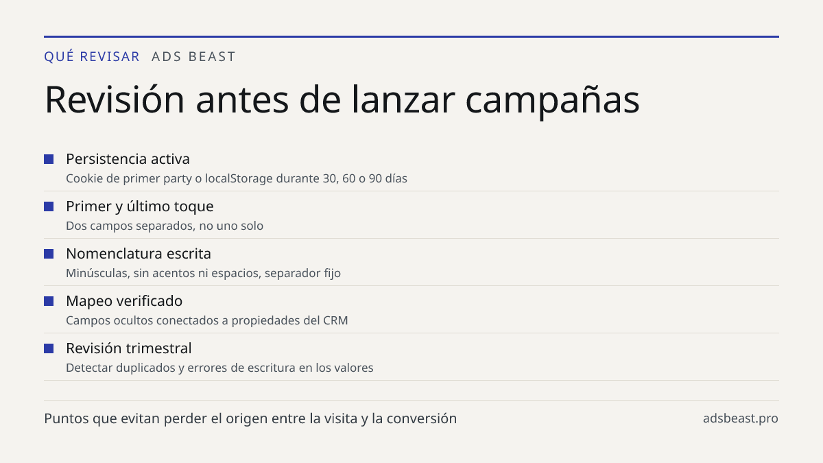 Revisión antes de lanzar campañas. Persistencia activa: Cookie de primer party o localStorage durante 30, 60 o 90 días; Primer y último toque: Dos campos separados, no uno solo; Nomenclatura escrita: Minúsculas, sin acentos ni espacios, separador fijo; Mapeo verificado: Campos ocultos conectados a p