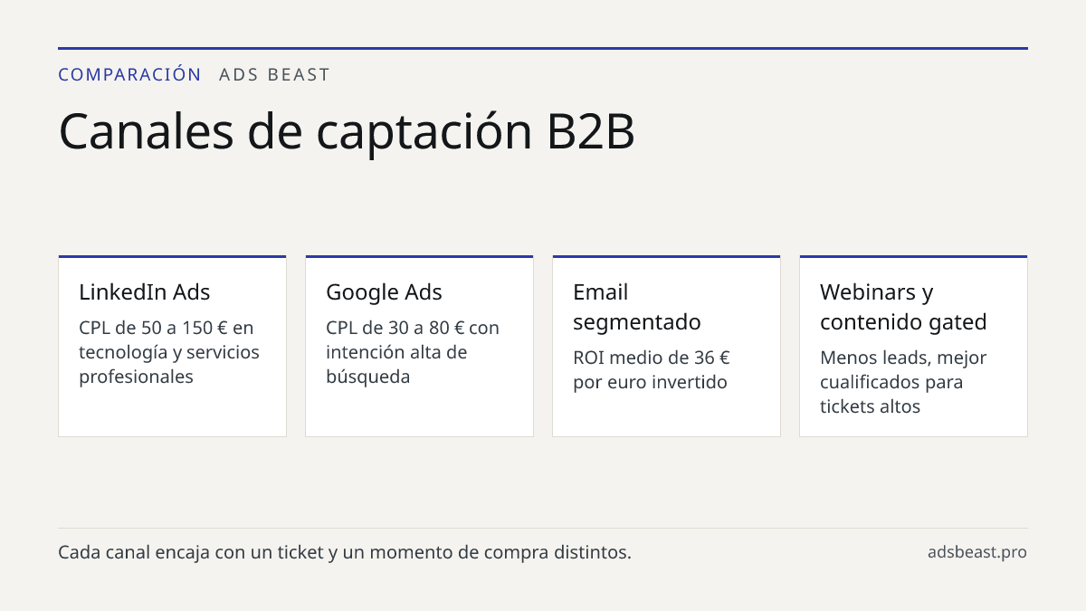 Canales de captación B2B. LinkedIn Ads: CPL de 50 a 150 € en tecnología y servicios profesionales; Google Ads: CPL de 30 a 80 € con intención alta de búsqueda; Email segmentado: ROI medio de 36 € por euro invertido; Webinars y contenido gated: Menos leads, mejor cualificados para tickets altos