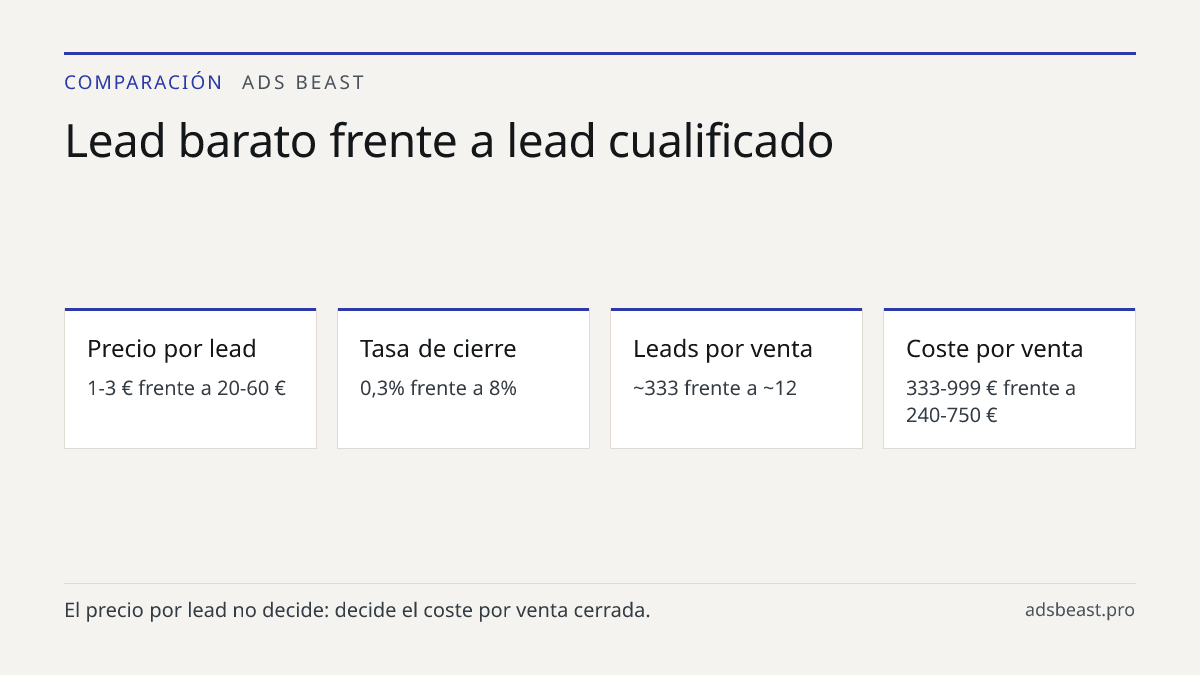 Lead barato frente a lead cualificado. Precio por lead: 1-3 € frente a 20-60 €; Tasa de cierre: 0,3% frente a 8%; Leads por venta: ~333 frente a ~12; Coste por venta: 333-999 € frente a 240-750 €; Presupuesto confirmado: No frente a sí