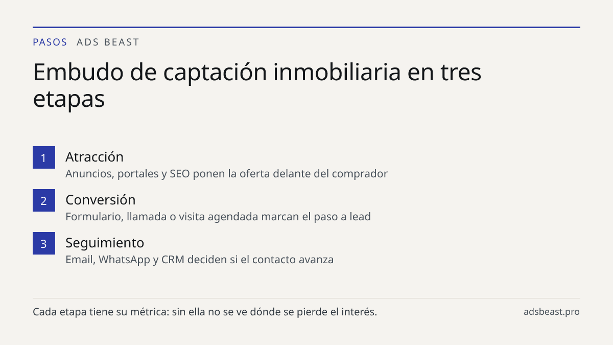 Embudo de captación inmobiliaria en tres etapas. Atracción: Anuncios, portales y SEO ponen la oferta delante del comprador; Conversión: Formulario, llamada o visita agendada marcan el paso a lead; Seguimiento: Email, WhatsApp y CRM deciden si el contacto avanza