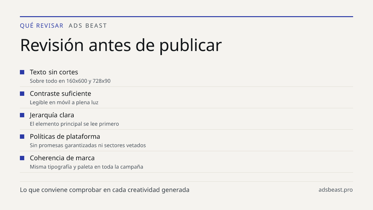 Revisión antes de publicar. Texto sin cortes: Sobre todo en 160x600 y 728x90; Contraste suficiente: Legible en móvil a plena luz; Jerarquía clara: El elemento principal se lee primero; Políticas de plataforma: Sin promesas garantizadas ni sectores vetados; Coherencia de marca: Misma tipografía y pal
