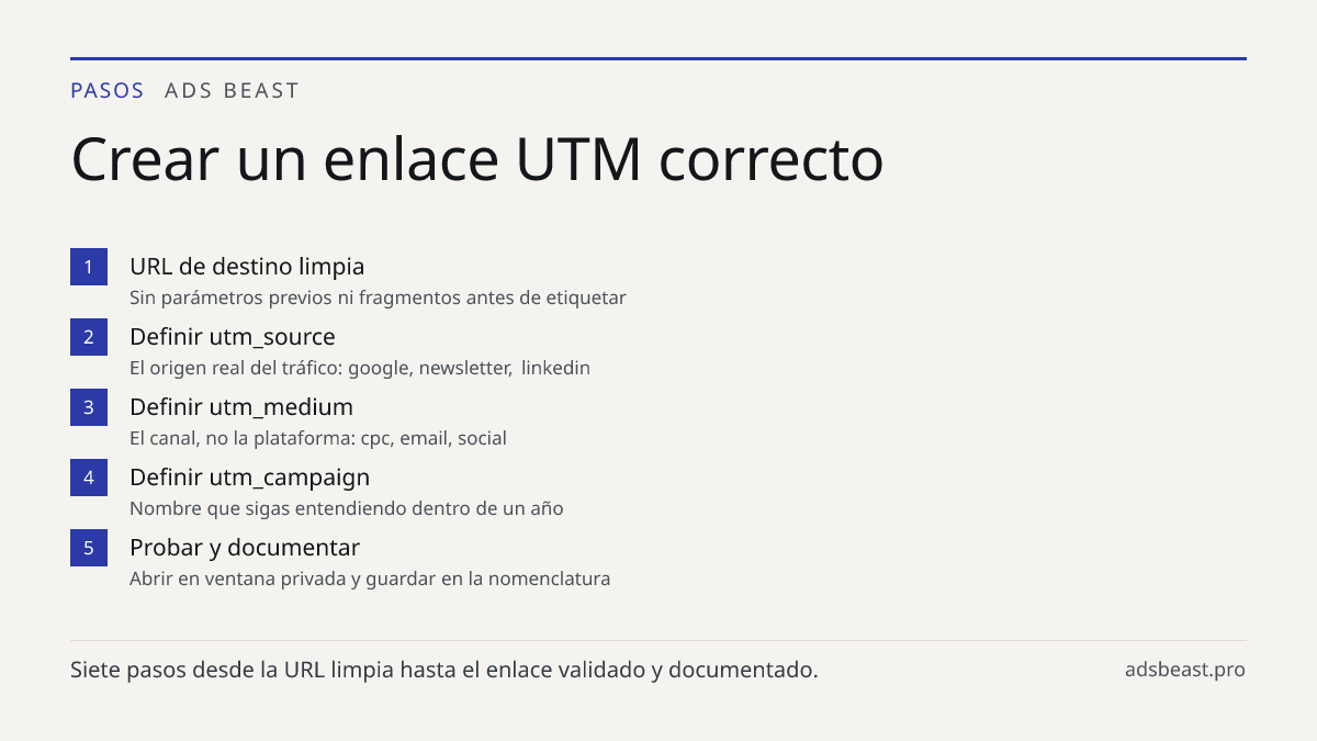 Crear un enlace UTM correcto. URL de destino limpia: Sin parámetros previos ni fragmentos antes de etiquetar; Definir utm_source: El origen real del tráfico: google, newsletter, linkedin; Definir utm_medium: El canal, no la plataforma: cpc, email, social; Definir utm_campaign: Nombre que sigas enten