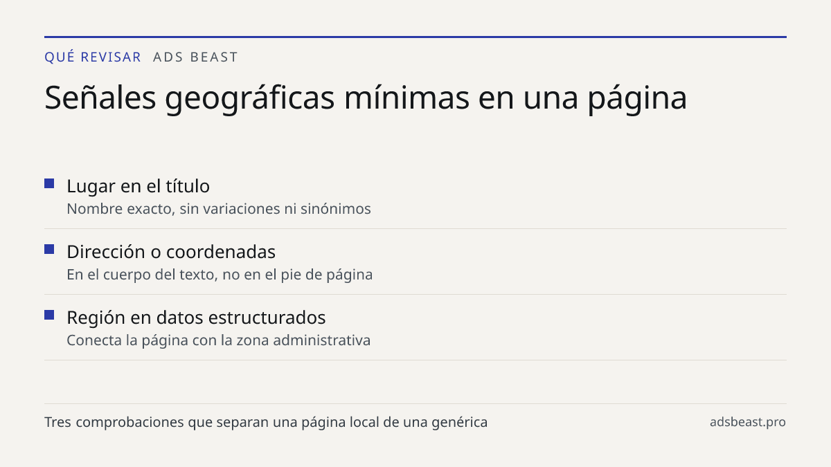 Señales geográficas mínimas en una página. Lugar en el título: Nombre exacto, sin variaciones ni sinónimos; Dirección o coordenadas: En el cuerpo del texto, no en el pie de página; Región en datos estructurados: Conecta la página con la zona administrativa
