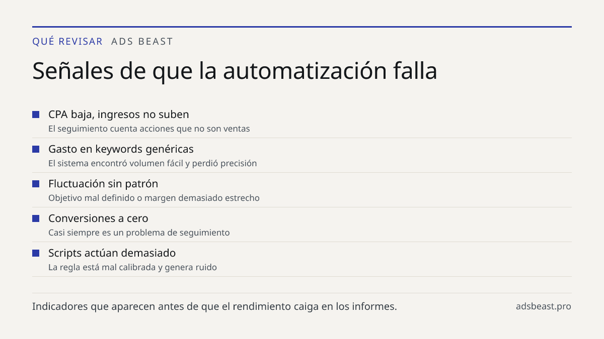 Señales de que la automatización falla. CPA baja, ingresos no suben: El seguimiento cuenta acciones que no son ventas; Gasto en keywords genéricas: El sistema encontró volumen fácil y perdió precisión; Fluctuación sin patrón: Objetivo mal definido o margen demasiado estrecho; Conversiones a cero: Ca