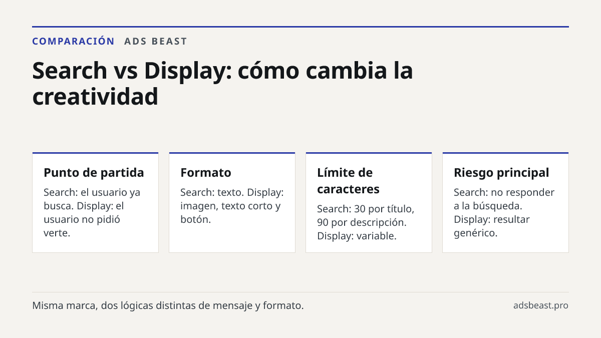 Search vs Display: cómo cambia la creatividad. Punto de partida: Search: el usuario ya busca. Display: el usuario no pidió verte.; Formato: Search: texto. Display: imagen, texto corto y botón.; Límite de caracteres: Search: 30 por título, 90 por descripción. Display: variable.; Riesgo principal: Sea