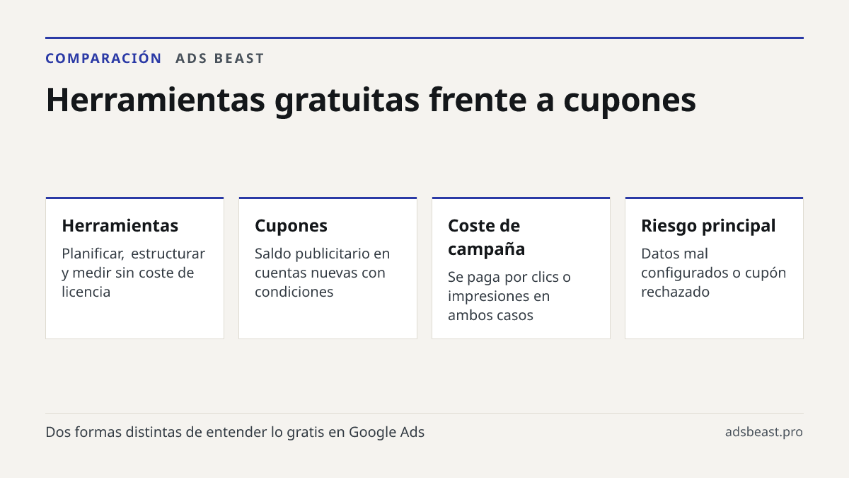 Herramientas gratuitas frente a cupones. Herramientas: Planificar, estructurar y medir sin coste de licencia; Cupones: Saldo publicitario en cuentas nuevas con condiciones; Coste de campaña: Se paga por clics o impresiones en ambos casos; Riesgo principal: Datos mal configurados o cupón rechazado