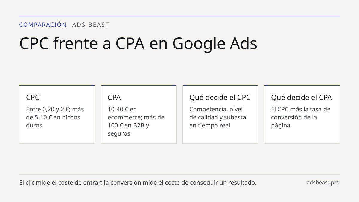CPC frente a CPA en Google Ads. CPC: Entre 0,20 y 2 €; más de 5-10 € en nichos duros; CPA: 10-40 € en ecommerce; más de 100 € en B2B y seguros; Qué decide el CPC: Competencia, nivel de calidad y subasta en tiempo real; Qué decide el CPA: El CPC más la tasa de conversión de la página