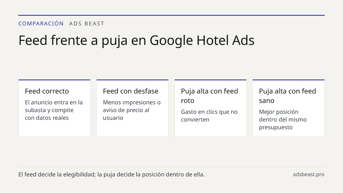 Feed frente a puja en Google Hotel Ads. Feed correcto: El anuncio entra en la subasta y compite con datos reales; Feed con desfase: Menos impresiones o aviso de precio al usuario; Puja alta con feed roto: Gasto en clics que no convierten; Puja alta con feed sano: Mejor posición dentro del mismo pres