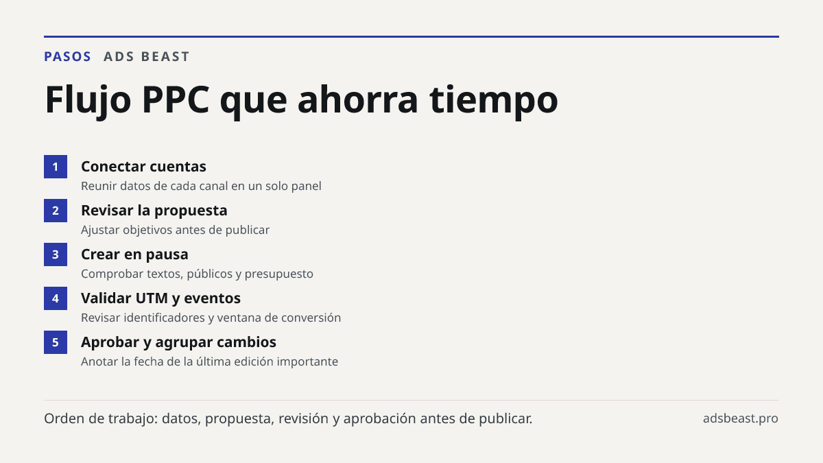 Flujo PPC que ahorra tiempo. Conectar cuentas: Reunir datos de cada canal en un solo panel; Revisar la propuesta: Ajustar objetivos antes de publicar; Crear en pausa: Comprobar textos, públicos y presupuesto; Validar UTM y eventos: Revisar identificadores y ventana de conversión; Aprobar y agrupar c