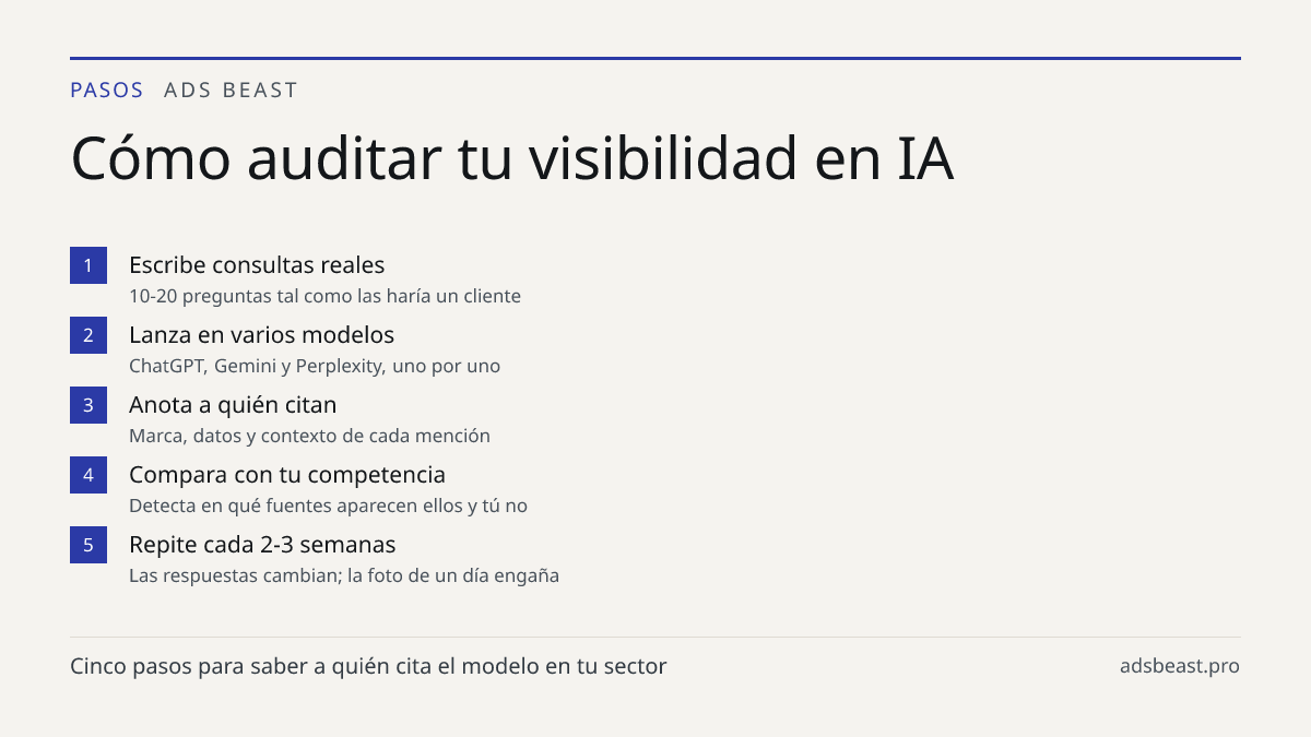 Cómo auditar tu visibilidad en IA. Escribe consultas reales: 10-20 preguntas tal como las haría un cliente; Lanza en varios modelos: ChatGPT, Gemini y Perplexity, uno por uno; Anota a quién citan: Marca, datos y contexto de cada mención; Compara con tu competencia: Detecta en qué fuentes aparecen el
