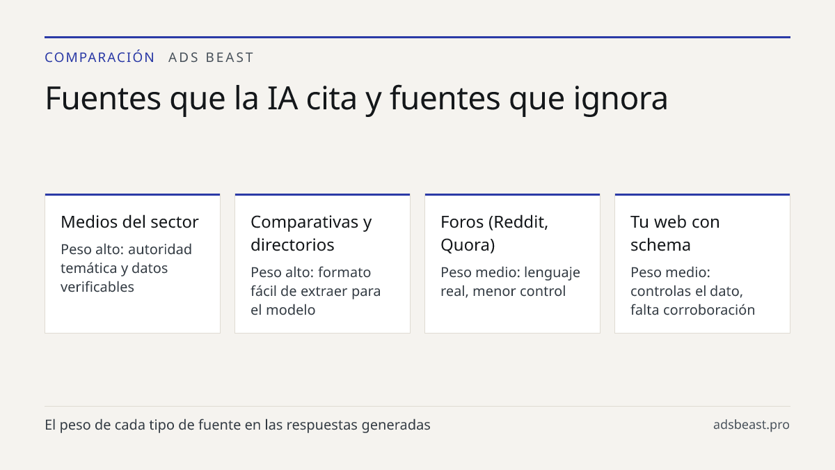 Fuentes que la IA cita y fuentes que ignora. Medios del sector: Peso alto: autoridad temática y datos verificables; Comparativas y directorios: Peso alto: formato fácil de extraer para el modelo; Foros (Reddit, Quora): Peso medio: lenguaje real, menor control; Tu web con schema: Peso medio: controla
