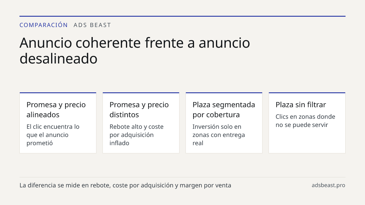 Anuncio coherente frente a anuncio desalineado. Promesa y precio alineados: El clic encuentra lo que el anuncio prometió; Promesa y precio distintos: Rebote alto y coste por adquisición inflado; Plaza segmentada por cobertura: Inversión solo en zonas con entrega real; Plaza sin filtrar: Clics en zon