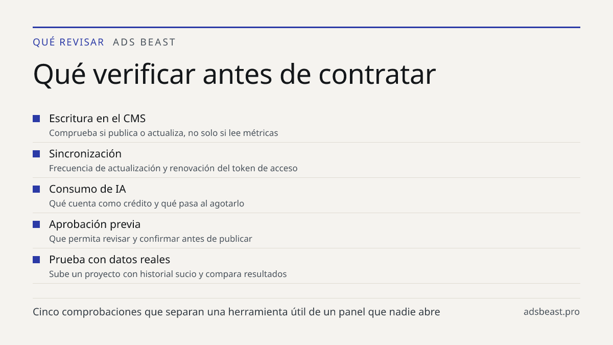 Qué verificar antes de contratar. Escritura en el CMS: Comprueba si publica o actualiza, no solo si lee métricas; Sincronización: Frecuencia de actualización y renovación del token de acceso; Consumo de IA: Qué cuenta como crédito y qué pasa al agotarlo; Aprobación previa: Que permita revisar y conf