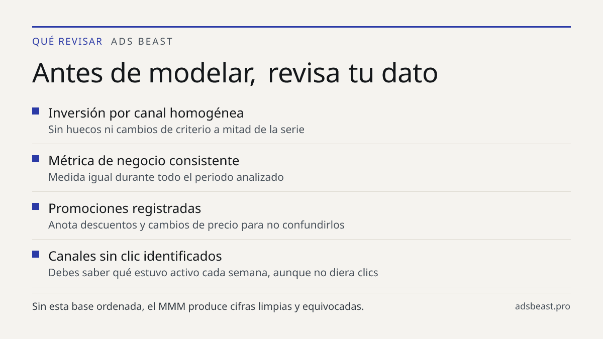 Antes de modelar, revisa tu dato. Inversión por canal homogénea: Sin huecos ni cambios de criterio a mitad de la serie; Métrica de negocio consistente: Medida igual durante todo el periodo analizado; Promociones registradas: Anota descuentos y cambios de precio para no confundirlos; Canales sin clic