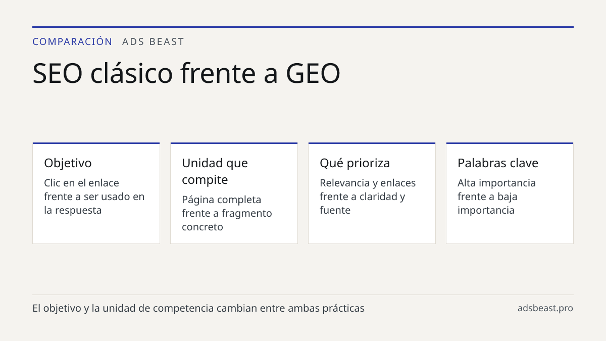 SEO clásico frente a GEO. Objetivo: Clic en el enlace frente a ser usado en la respuesta; Unidad que compite: Página completa frente a fragmento concreto; Qué prioriza: Relevancia y enlaces frente a claridad y fuente; Palabras clave: Alta importancia frente a baja importancia; Medición: Posiciones y