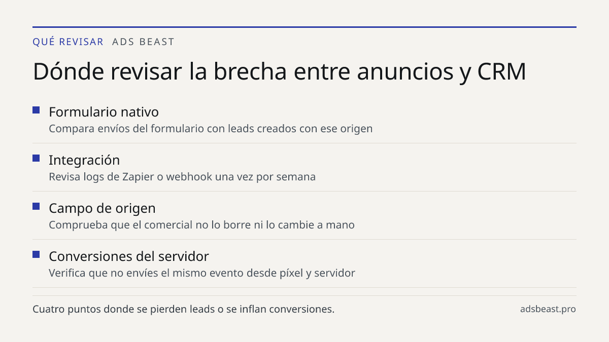 Dónde revisar la brecha entre anuncios y CRM. Formulario nativo: Compara envíos del formulario con leads creados con ese origen; Integración: Revisa logs de Zapier o webhook una vez por semana; Campo de origen: Comprueba que el comercial no lo borre ni lo cambie a mano; Conversiones del servidor: Ve