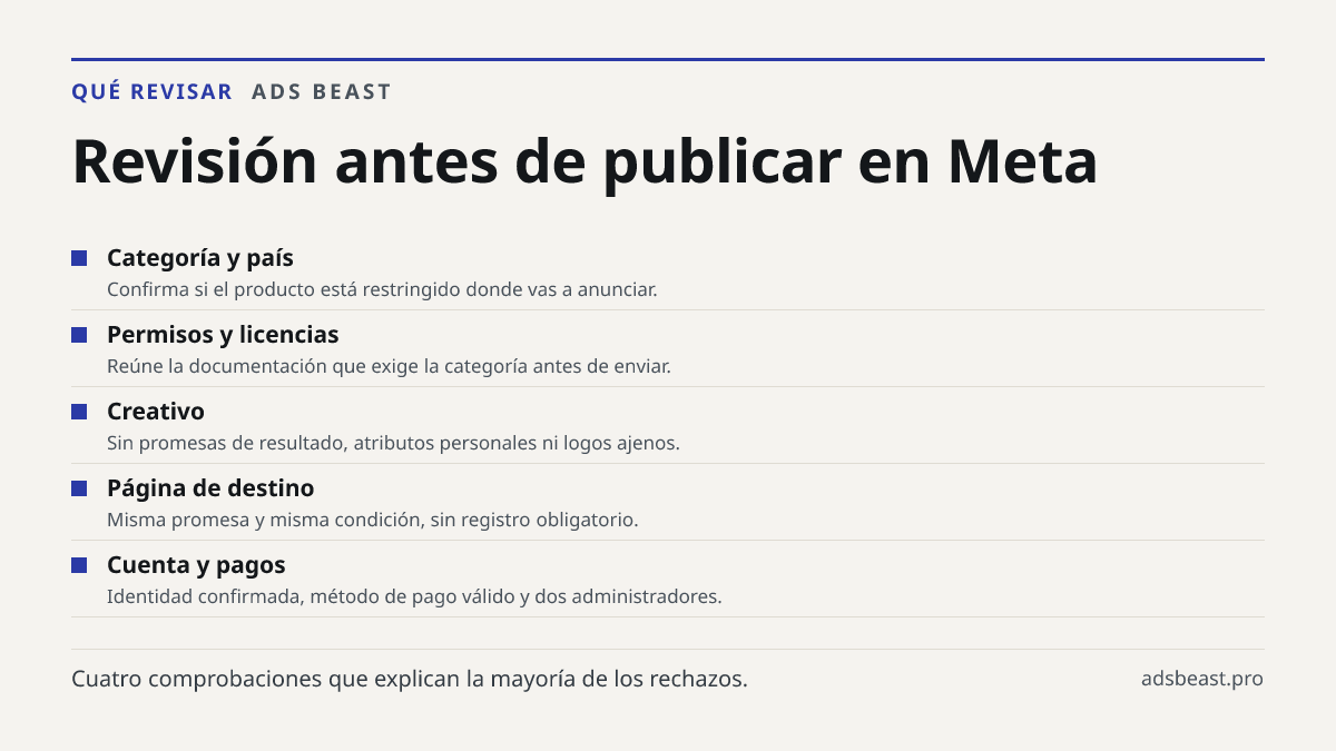 Revisión antes de publicar en Meta. Categoría y país: Confirma si el producto está restringido donde vas a anunciar.; Permisos y licencias: Reúne la documentación que exige la categoría antes de enviar.; Creativo: Sin promesas de resultado, atributos personales ni logos ajenos.; Página de destino: M