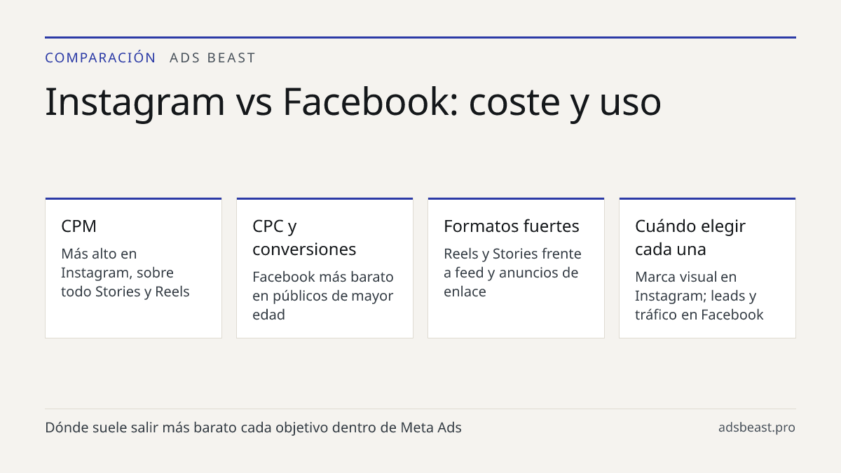 Instagram vs Facebook: coste y uso. CPM: Más alto en Instagram, sobre todo Stories y Reels; CPC y conversiones: Facebook más barato en públicos de mayor edad; Formatos fuertes: Reels y Stories frente a feed y anuncios de enlace; Cuándo elegir cada una: Marca visual en Instagram; leads y tráfico en F