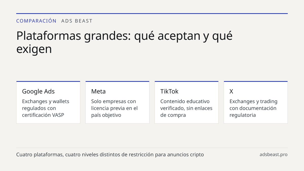 Plataformas grandes: qué aceptan y qué exigen. Google Ads: Exchanges y wallets regulados con certificación VASP; Meta: Solo empresas con licencia previa en el país objetivo; TikTok: Contenido educativo verificado, sin enlaces de compra; X: Exchanges y trading con documentación regulatoria