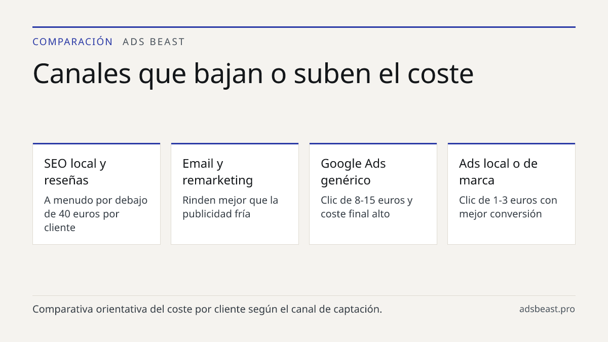 Canales que bajan o suben el coste. SEO local y reseñas: A menudo por debajo de 40 euros por cliente; Email y remarketing: Rinden mejor que la publicidad fría; Google Ads genérico: Clic de 8-15 euros y coste final alto; Ads local o de marca: Clic de 1-3 euros con mejor conversión