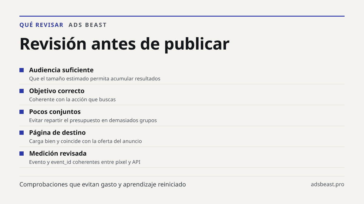 Revisión antes de publicar. Audiencia suficiente: Que el tamaño estimado permita acumular resultados; Objetivo correcto: Coherente con la acción que buscas; Pocos conjuntos: Evitar repartir el presupuesto en demasiados grupos; Página de destino: Carga bien y coincide con la oferta del anuncio; Medic