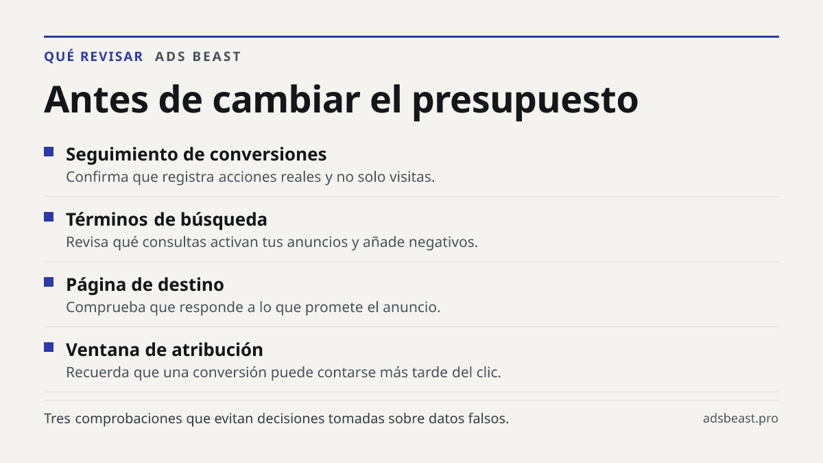 Antes de cambiar el presupuesto. Seguimiento de conversiones: Confirma que registra acciones reales y no solo visitas.; Términos de búsqueda: Revisa qué consultas activan tus anuncios y añade negativos.; Página de destino: Comprueba que responde a lo que promete el anuncio.; Ventana de atribución: R