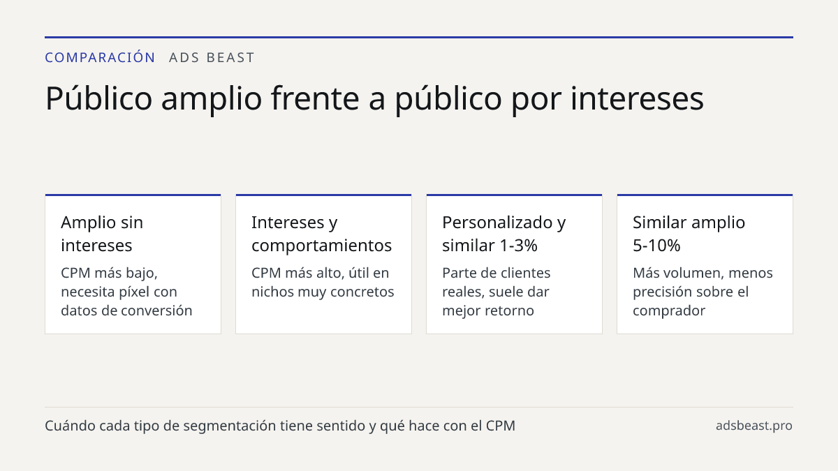 Público amplio frente a público por intereses. Amplio sin intereses: CPM más bajo, necesita píxel con datos de conversión; Intereses y comportamientos: CPM más alto, útil en nichos muy concretos; Personalizado y similar 1-3%: Parte de clientes reales, suele dar mejor retorno; Similar amplio 5-10%: M