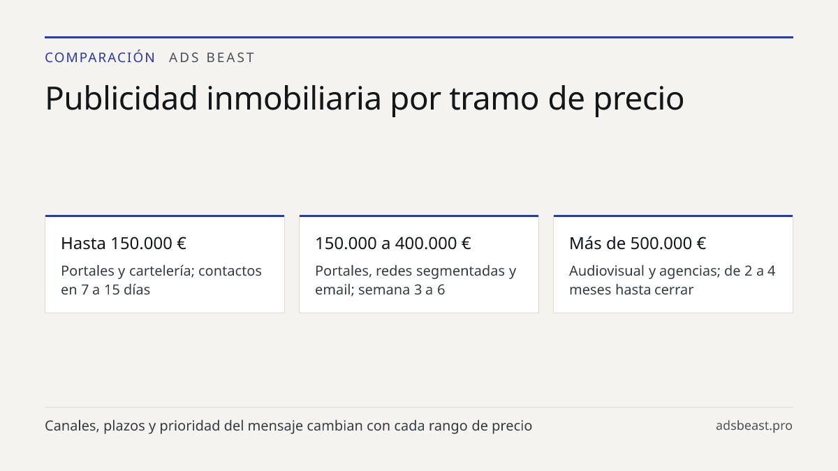 Publicidad inmobiliaria por tramo de precio. Hasta 150.000 €: Portales y cartelería; contactos en 7 a 15 días; 150.000 a 400.000 €: Portales, redes segmentadas y email; semana 3 a 6; Más de 500.000 €: Audiovisual y agencias; de 2 a 4 meses hasta cerrar