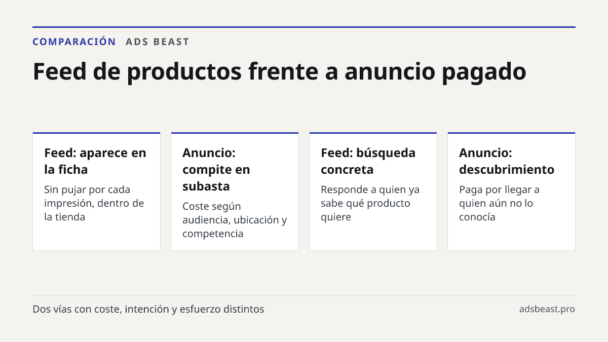 Feed de productos frente a anuncio pagado. Feed: aparece en la ficha: Sin pujar por cada impresión, dentro de la tienda; Anuncio: compite en subasta: Coste según audiencia, ubicación y competencia; Feed: búsqueda concreta: Responde a quien ya sabe qué producto quiere; Anuncio: descubrimiento: Paga p