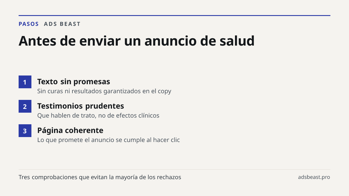 Antes de enviar un anuncio de salud. Texto sin promesas: Sin curas ni resultados garantizados en el copy; Testimonios prudentes: Que hablen de trato, no de efectos clínicos; Página coherente: Lo que promete el anuncio se cumple al hacer clic