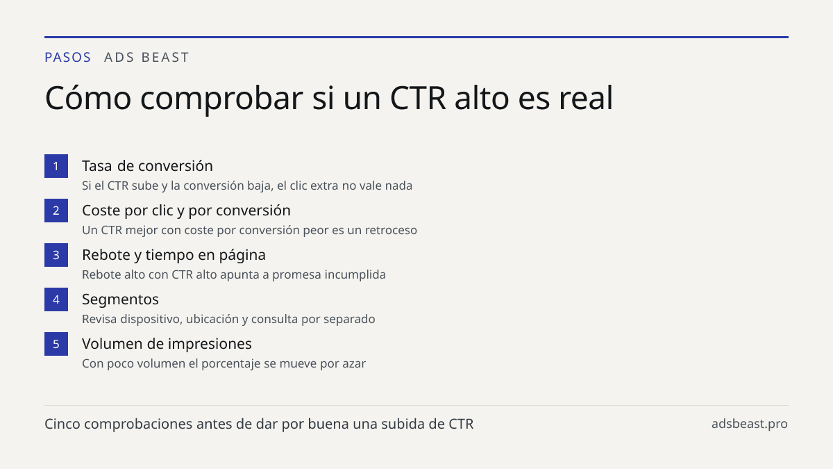 Cómo comprobar si un CTR alto es real. Tasa de conversión: Si el CTR sube y la conversión baja, el clic extra no vale nada; Coste por clic y por conversión: Un CTR mejor con coste por conversión peor es un retroceso; Rebote y tiempo en página: Rebote alto con CTR alto apunta a promesa incumplida; Se