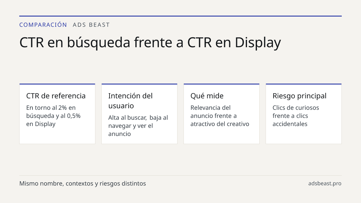 CTR en búsqueda frente a CTR en Display. CTR de referencia: En torno al 2% en búsqueda y al 0,5% en Display; Intención del usuario: Alta al buscar, baja al navegar y ver el anuncio; Qué mide: Relevancia del anuncio frente a atractivo del creativo; Riesgo principal: Clics de curiosos frente a clics a