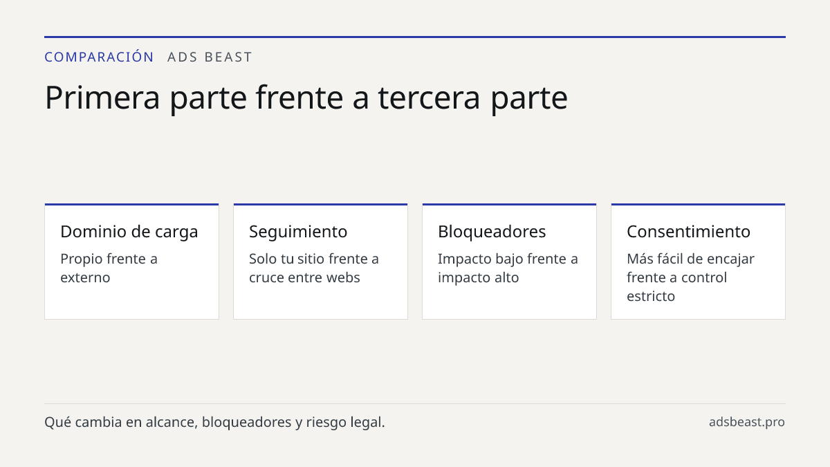 Primera parte frente a tercera parte. Dominio de carga: Propio frente a externo; Seguimiento: Solo tu sitio frente a cruce entre webs; Bloqueadores: Impacto bajo frente a impacto alto; Consentimiento: Más fácil de encajar frente a control estricto