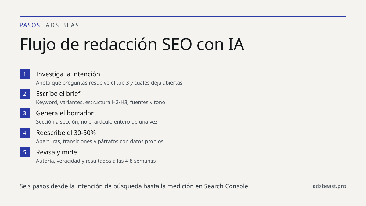 Flujo de redacción SEO con IA. Investiga la intención: Anota qué preguntas resuelve el top 3 y cuáles deja abiertas; Escribe el brief: Keyword, variantes, estructura H2/H3, fuentes y tono; Genera el borrador: Sección a sección, no el artículo entero de una vez; Reescribe el 30-50%: Aperturas, transi
