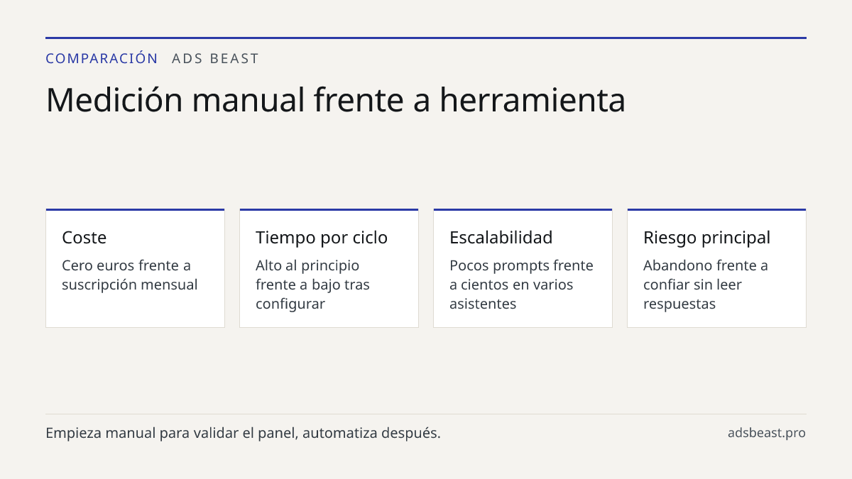 Medición manual frente a herramienta. Coste: Cero euros frente a suscripción mensual; Tiempo por ciclo: Alto al principio frente a bajo tras configurar; Escalabilidad: Pocos prompts frente a cientos en varios asistentes; Riesgo principal: Abandono frente a confiar sin leer respuestas
