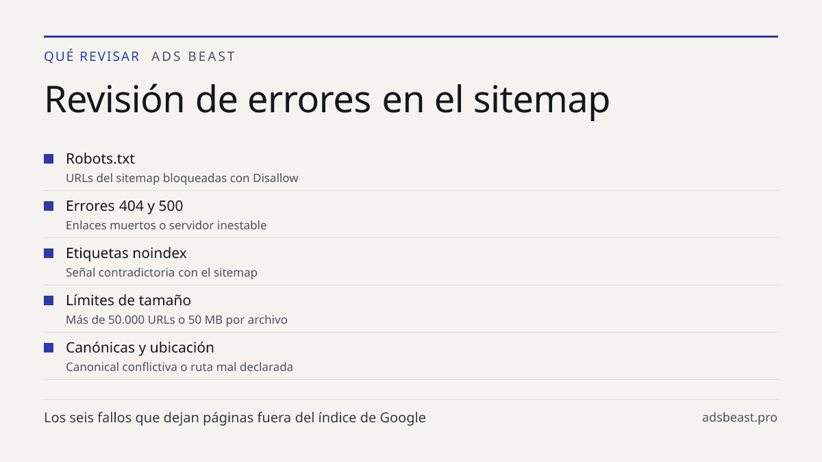 Revisión de errores en el sitemap. Robots.txt: URLs del sitemap bloqueadas con Disallow; Errores 404 y 500: Enlaces muertos o servidor inestable; Etiquetas noindex: Señal contradictoria con el sitemap; Límites de tamaño: Más de 50.000 URLs o 50 MB por archivo; Canónicas y ubicación: Canonical confli