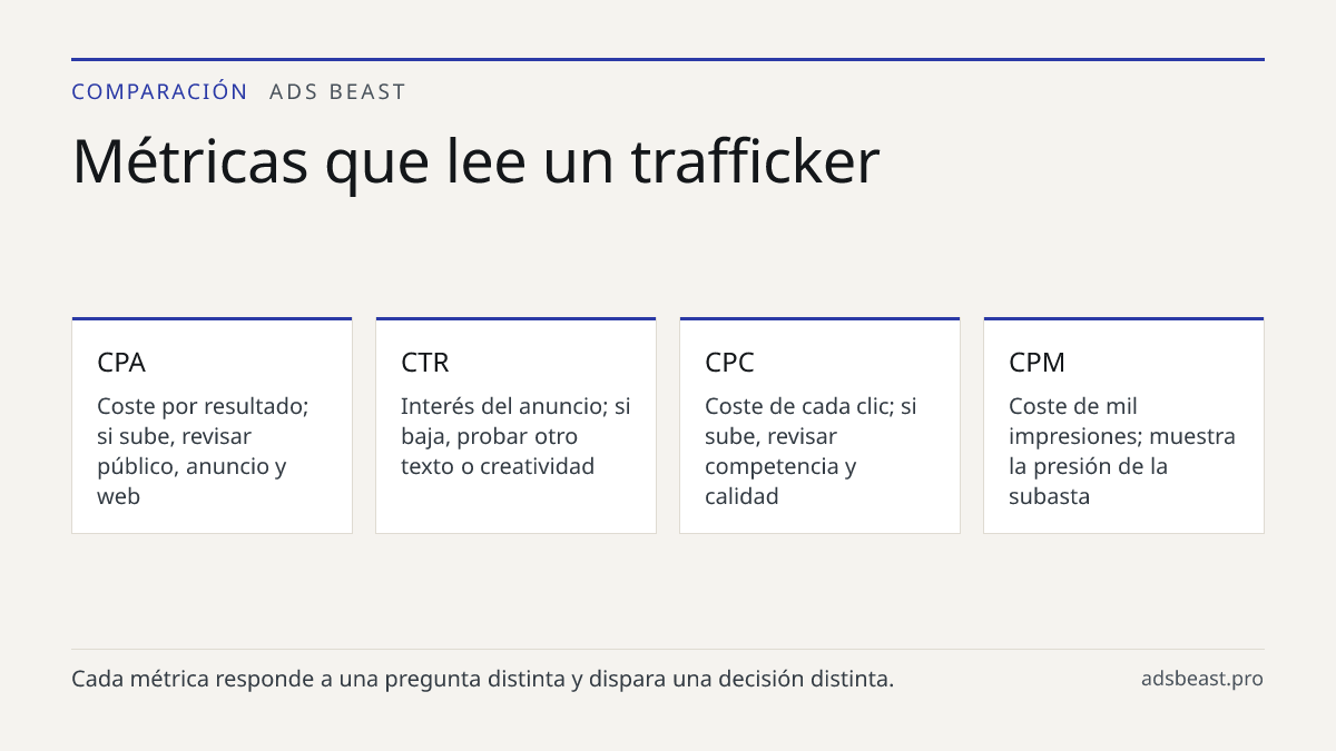 Métricas que lee un trafficker. CPA: Coste por resultado; si sube, revisar público, anuncio y web; CTR: Interés del anuncio; si baja, probar otro texto o creatividad; CPC: Coste de cada clic; si sube, revisar competencia y calidad; CPM: Coste de mil impresiones; muestra la presión de la subasta