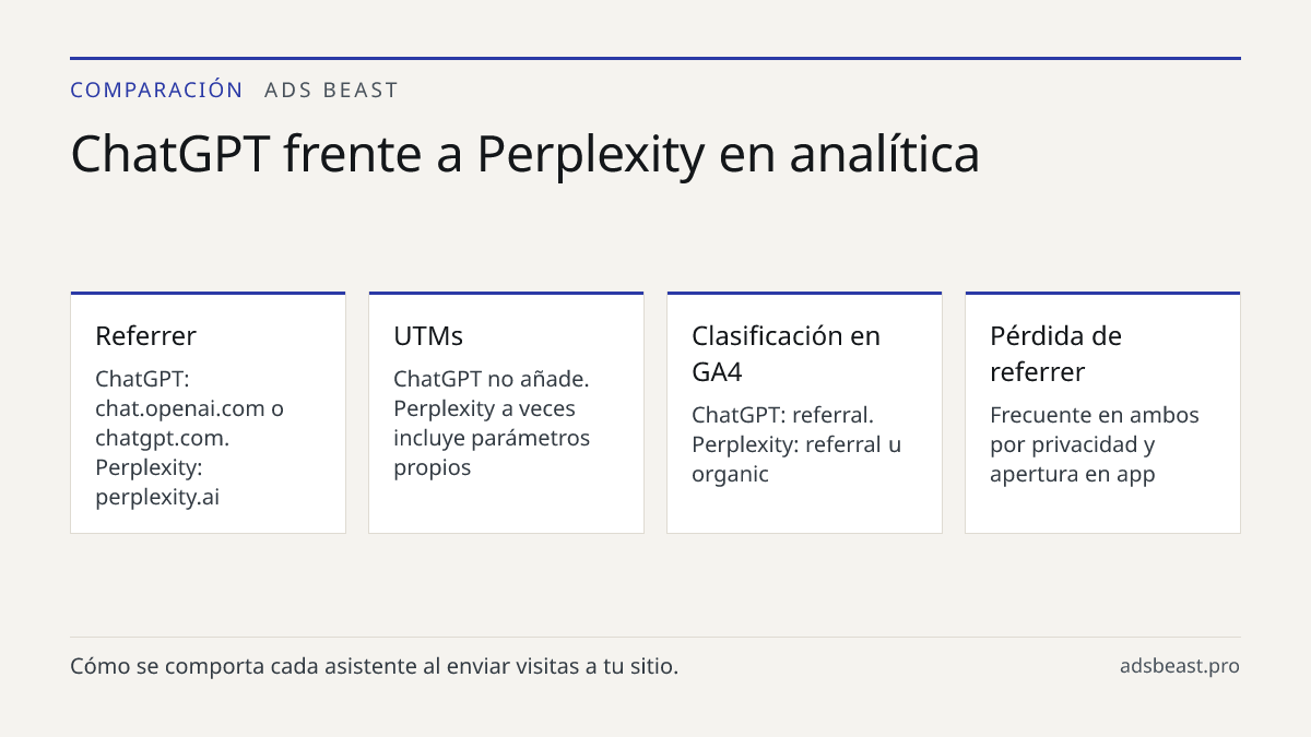 ChatGPT frente a Perplexity en analítica. Referrer: ChatGPT: chat.openai.com o chatgpt.com. Perplexity: perplexity.ai; UTMs: ChatGPT no añade. Perplexity a veces incluye parámetros propios; Clasificación en GA4: ChatGPT: referral. Perplexity: referral u organic; Pérdida de referrer: Frecuente en amb