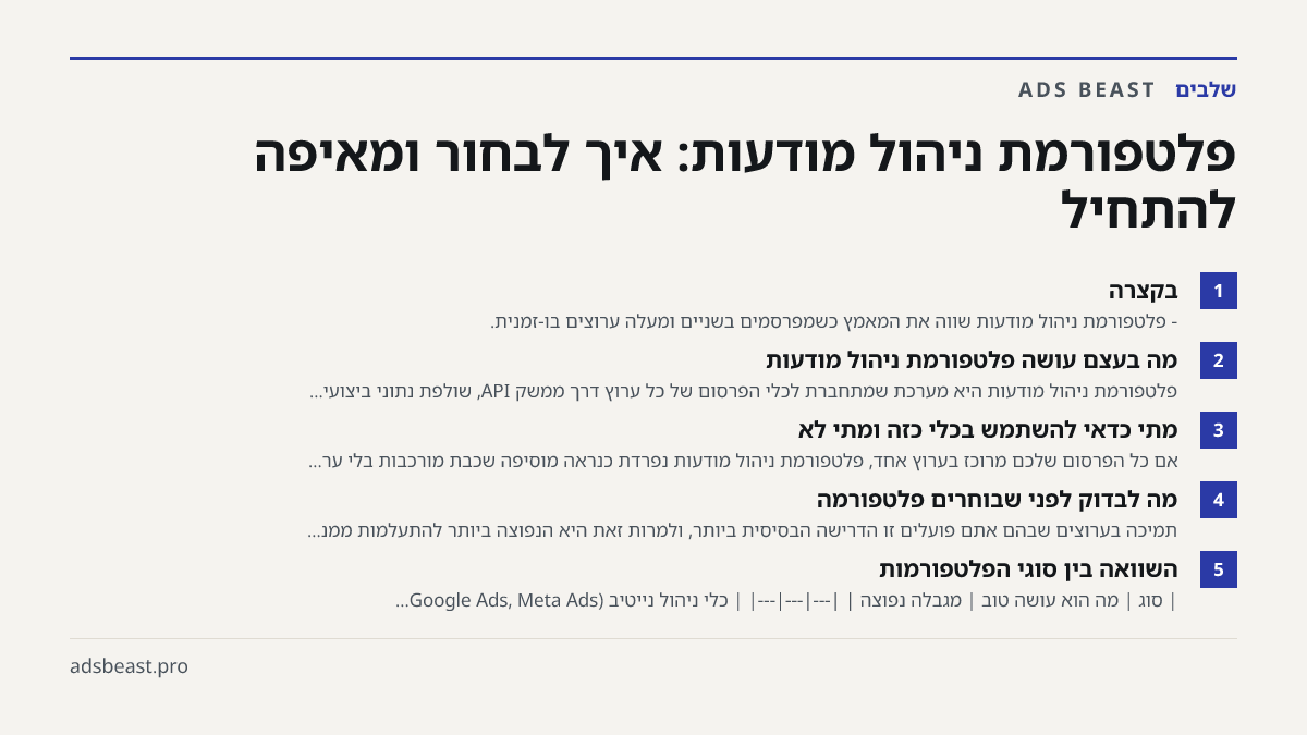פלטפורמת ניהול מודעות: איך לבחור ומאיפה להתחיל. בקצרה: - פלטפורמת ניהול מודעות שווה את המאמץ כשמפרסמים בשניים ומעלה ערוצים בו-זמנית.; מה בעצם עושה פלטפורמת ניהול מודעות: פלטפורמת ניהול מודעות היא מערכת שמתחברת לכלי הפרסום של כל ערוץ דרך ממשק API, שולפת נתוני ביצועי…; מתי כדאי להשתמש בכלי כזה ומתי לא