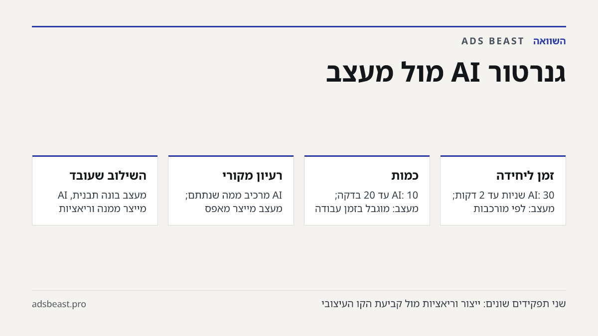 גנרטור AI מול מעצב. זמן ליחידה: AI: 30 שניות עד 2 דקות; מעצב: לפי מורכבות; כמות: AI: 10 עד 20 בדקה; מעצב: מוגבל בזמן עבודה; רעיון מקורי: AI מרכיב ממה שנתתם; מעצב מייצר מאפס; השילוב שעובד: מעצב בונה תבנית, AI מייצר ממנה וריאציות