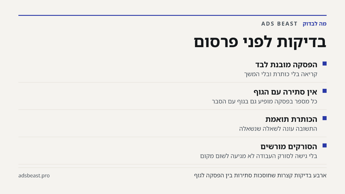 בדיקות לפני פרסום. הפסקה מובנת לבד: קריאה בלי כותרת ובלי המשך; אין סתירה עם הגוף: כל מספר בפסקה מופיע גם בגוף עם הסבר; הכותרת תואמת: התשובה עונה לשאלה שנשאלה; הסורקים מורשים: בלי גישה לסורק העבודה לא מגיעה לשום מקום