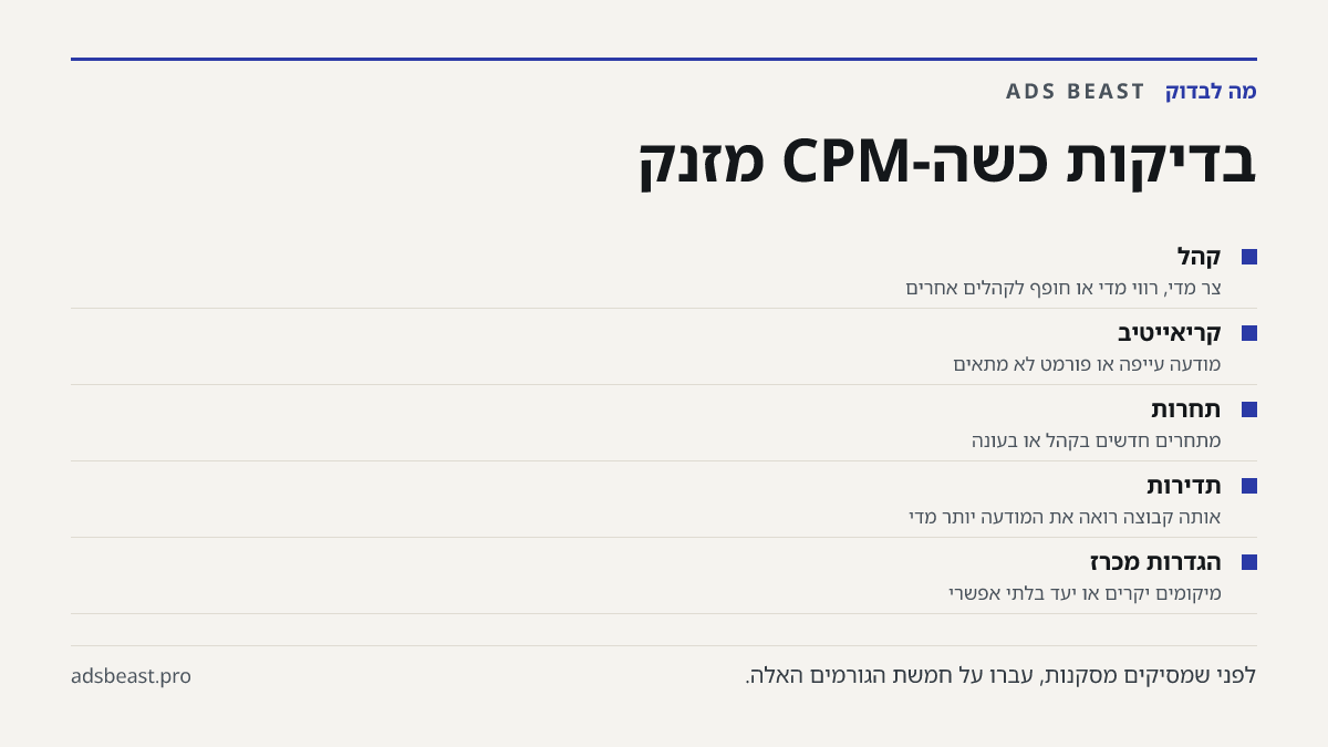 בדיקות כשה-CPM מזנק. קהל: צר מדי, רווי מדי או חופף לקהלים אחרים; קריאייטיב: מודעה עייפה או פורמט לא מתאים; תחרות: מתחרים חדשים בקהל או בעונה; תדירות: אותה קבוצה רואה את המודעה יותר מדי; הגדרות מכרז: מיקומים יקרים או יעד בלתי אפשרי