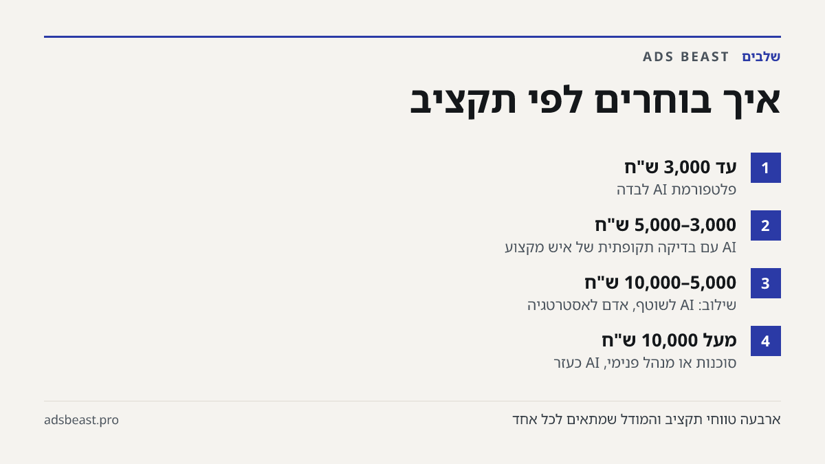 איך בוחרים לפי תקציב. עד 3,000 ש"ח: פלטפורמת AI לבדה; 3,000–5,000 ש"ח: AI עם בדיקה תקופתית של איש מקצוע; 5,000–10,000 ש"ח: שילוב: AI לשוטף, אדם לאסטרטגיה; מעל 10,000 ש"ח: סוכנות או מנהל פנימי, AI כעזר