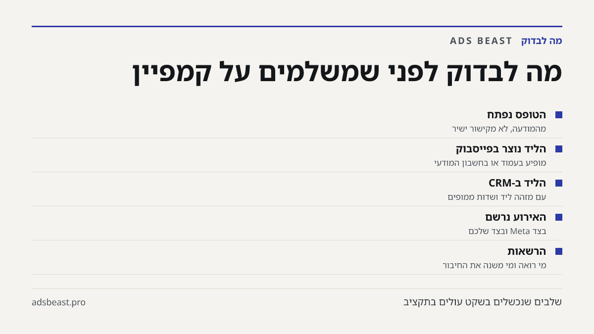 מה לבדוק לפני שמשלמים על קמפיין. הטופס נפתח: מהמודעה, לא מקישור ישיר; הליד נוצר בפייסבוק: מופיע בעמוד או בחשבון המודעי; הליד ב-CRM: עם מזהה ליד ושדות ממופים; האירוע נרשם: בצד Meta ובצד שלכם; הרשאות: מי רואה ומי משנה את החיבור