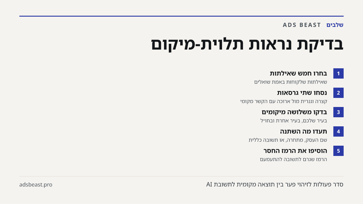 בדיקת נראות תלוית-מיקום. בחרו חמש שאילתות: שאילתות שלקוחות באמת שואלים; נסחו שתי גרסאות: קצרה וגנרית מול ארוכה עם הקשר מקומי; בדקו משלושה מיקומים: בעיר שלכם, בעיר אחרת ובחו״ל; תעדו מה השתנה: שם העסק, מתחרה, או תשובה כללית; הוסיפו את הרמז החסר: הרמז שגרם לתשובה להתעמעם